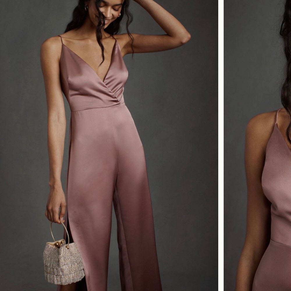 Monique Lhuillier Mauve Satin V-Neck Spaghetti Strap Jumpsuit